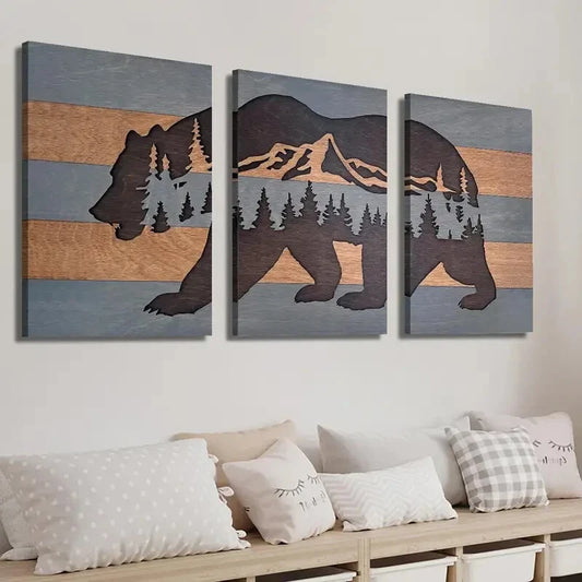 3pcs Woodcut Style Tree Forest Bear Wall Art Set Canvas Framed 40x60cm - High Quality Print 100% Australian Made Wall Canvas Ready to Hang