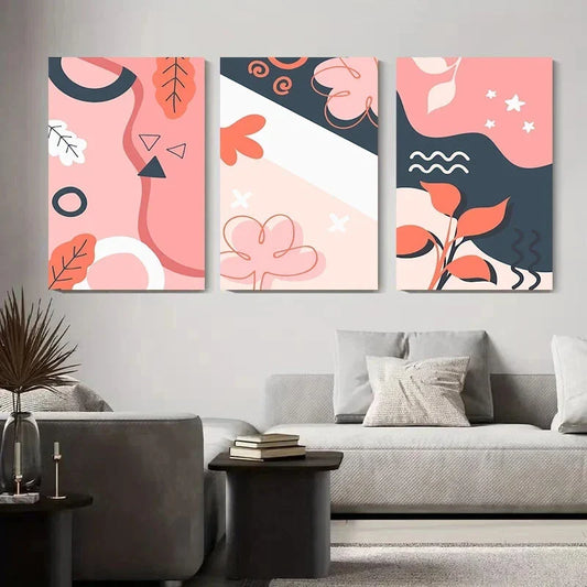 3pcs Pink Orange Modern Geometric Shapes Metal Print Ready to Hang Art