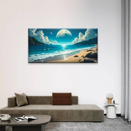 Beach Scene Moon Blue Perfect Wall Art Canvas Office Home Room Framed 80x45cm