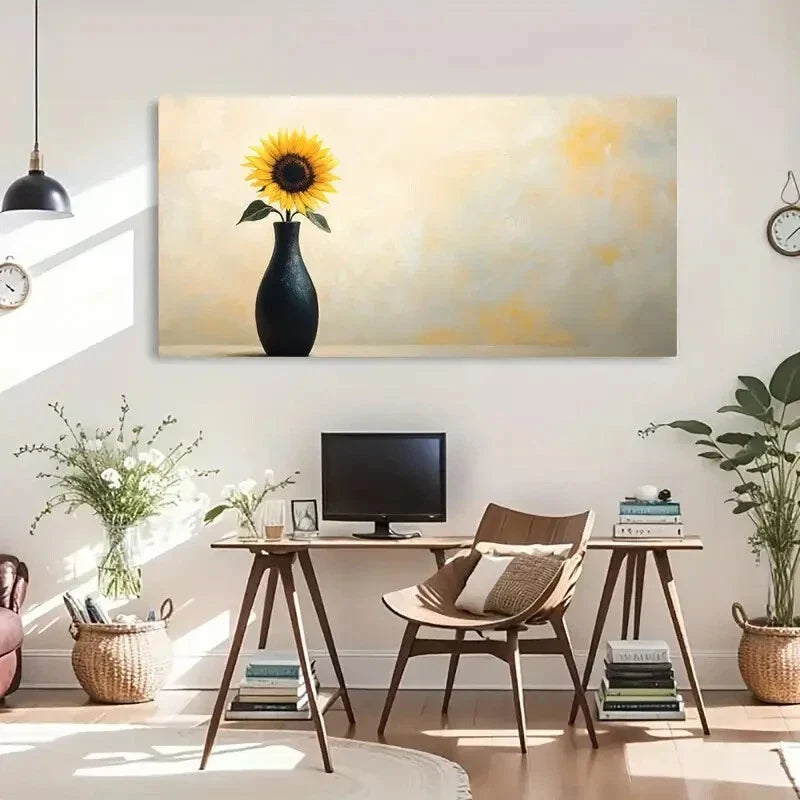 Sunflower Floral Vase Deco Wall Art Canvas Office Home Room Framed 80x45cm