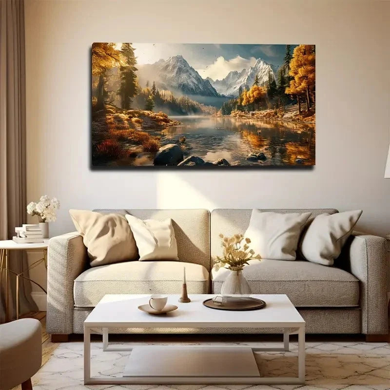 Snow Mountain Under Autumn Wall Art Canvas Office Home Room Framed 80x45cm