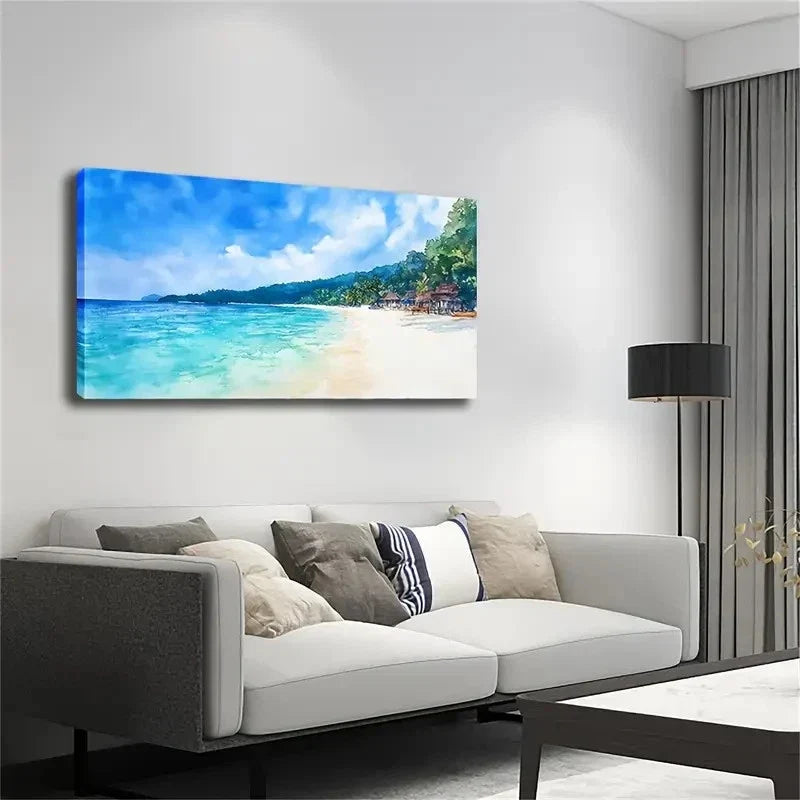 Lush Greenery Sandy Shoreline Wall Art Canvas Office Home Room Framed 80x45cm
