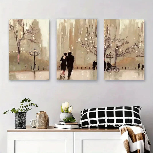 3pcs Couple Walking in the Park, Abstract Elegant Metal Print Ready to Hang Art
