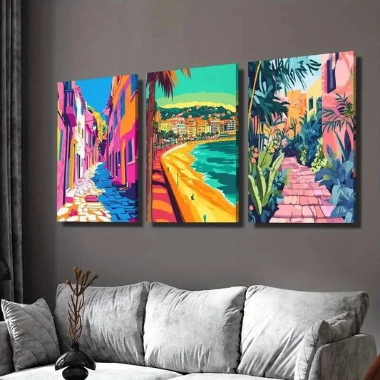 3pcs Colorful Ocean Beach City Landscape Wall Art Set Canvas Framed 40x60cm - High Quality Print 100% Australian Made Wall Canvas Ready to Hang