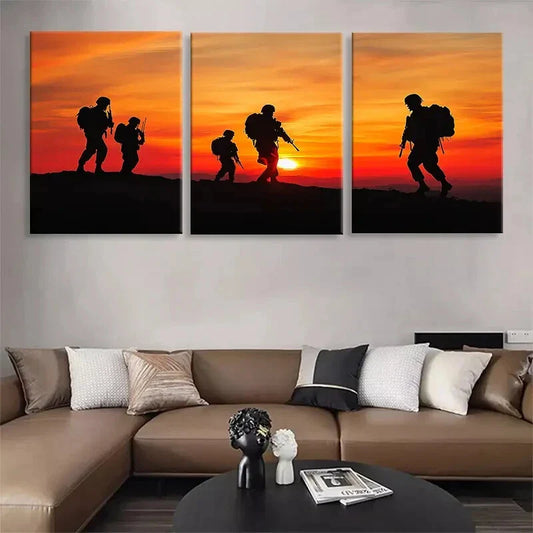 3pcs Military Soldiers Sunset Patriotic Perfect Wall Art Set Canvas Framed 40x60cm - High Quality Print 100% Australian Made Wall Canvas Ready to Hang