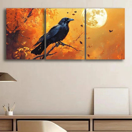 3pcs Tranquil Moonlit Crow Orange Themed Metal Print Ready to Hang Art