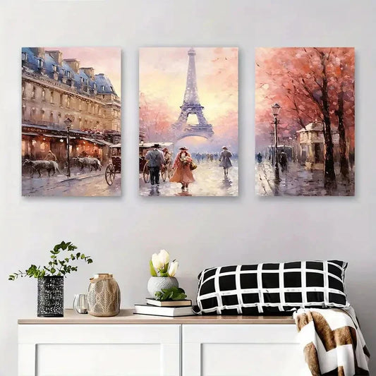 3pcs Paris Eiffel Tower Romantic Paris Street Metal Print Ready to Hang Art