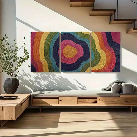 3pcs Vibrant Boho Abstract Rainbow Waves & Tree Metal Print Ready to Hang Art