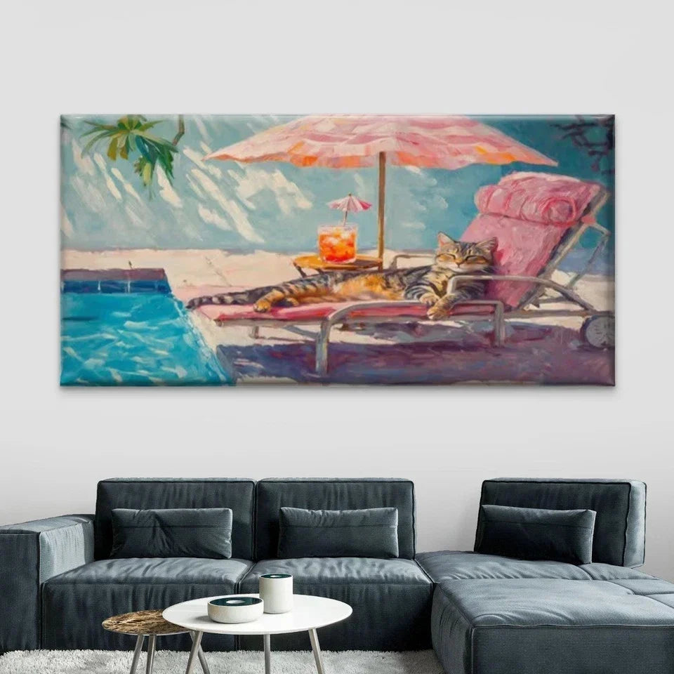 Poolside Cat & Tabby Cat Wall Art Canvas Office Home Room Framed 120x60cm