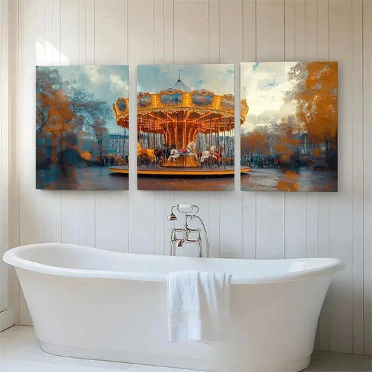 3pcs Vintage Carousel in Autumn Park Perfect Wall Art Set Canvas Framed 40x60cm - High Quality Print 100% Australian Made Wall Canvas Ready to Hang
