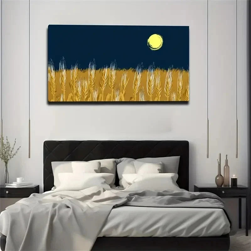 Wheat Field Moon Wall Art Canvas Office Home Room Framed 80x45cm