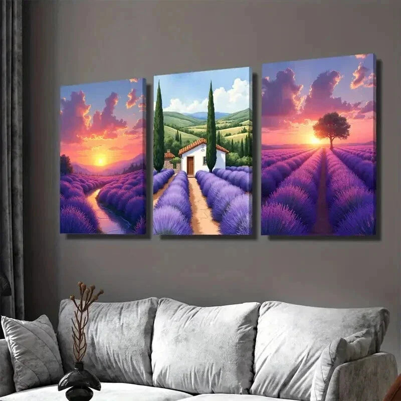 3pcs Beautiful Lavender Field Sunset House Wall Art Set Canvas Framed 40x60cm - High Quality Print 100% Australian Made Wall Canvas Ready to Hang