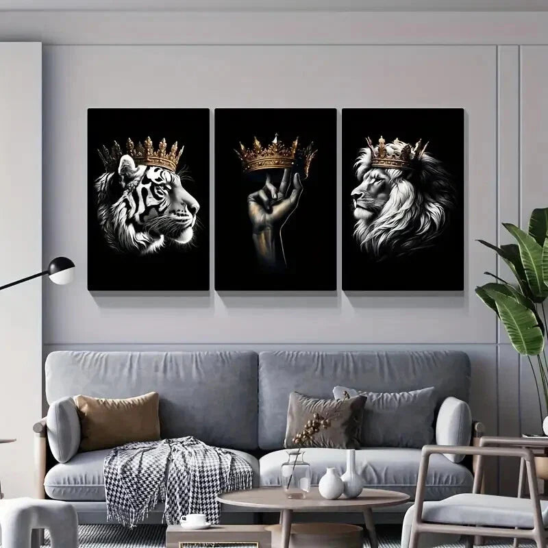 3pcs  Crowned Lion and Tiger Decorative Pattern Wall Art Set Canvas Framed 40x60cm - High Quality Print 100% Australian Made Wall Canvas Ready to Hang