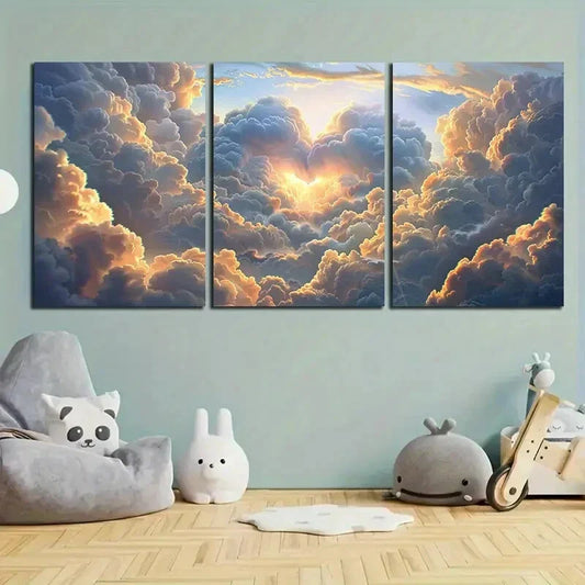 3pcs Heart-Shaped Clouds Dramatic Skies and Light Metal Print Ready to Hang Art