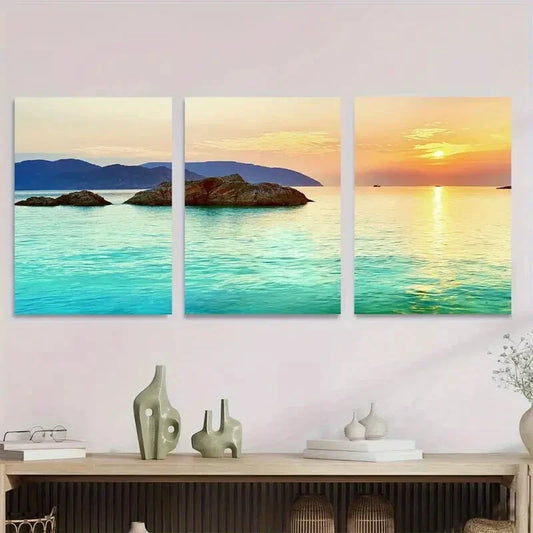 3pcs Sunset Ocean View Triptych Vibrant Seascape Metal Print Ready to Hang Art