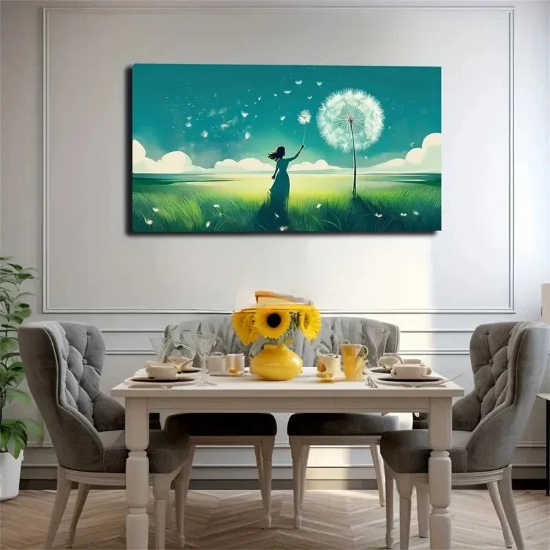 Vibrant Girl And Dandelion Wall Art Canvas Office Home Room Framed 80x45cm