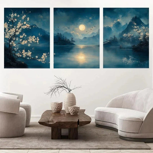 3pcs Moonlight Night Scenery Mountain Lake Metal Print Ready to Hang Art