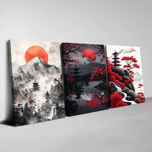 3pcs Japanese Scenery Prints with Mount Fuji Wall Art Set Canvas Framed 40x60cm - High Quality Print 100% Australian Made Wall Canvas Ready to Hang