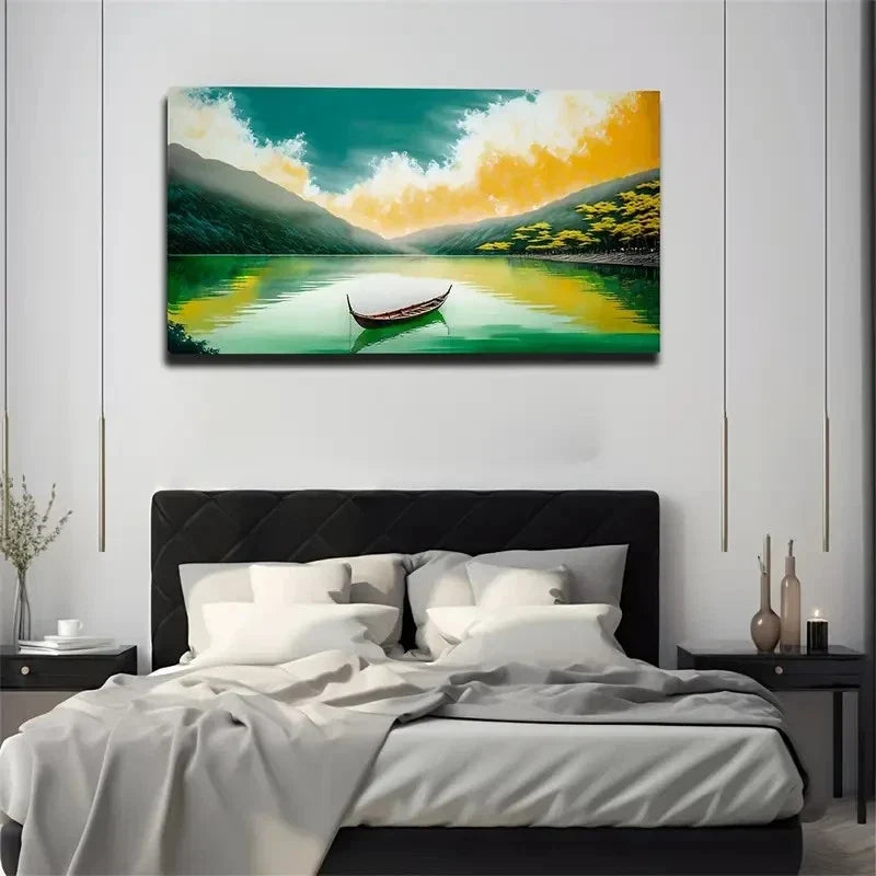 A Boat Alone Restrained Lake Wall Art Canvas Office Home Room Framed 120x60cm