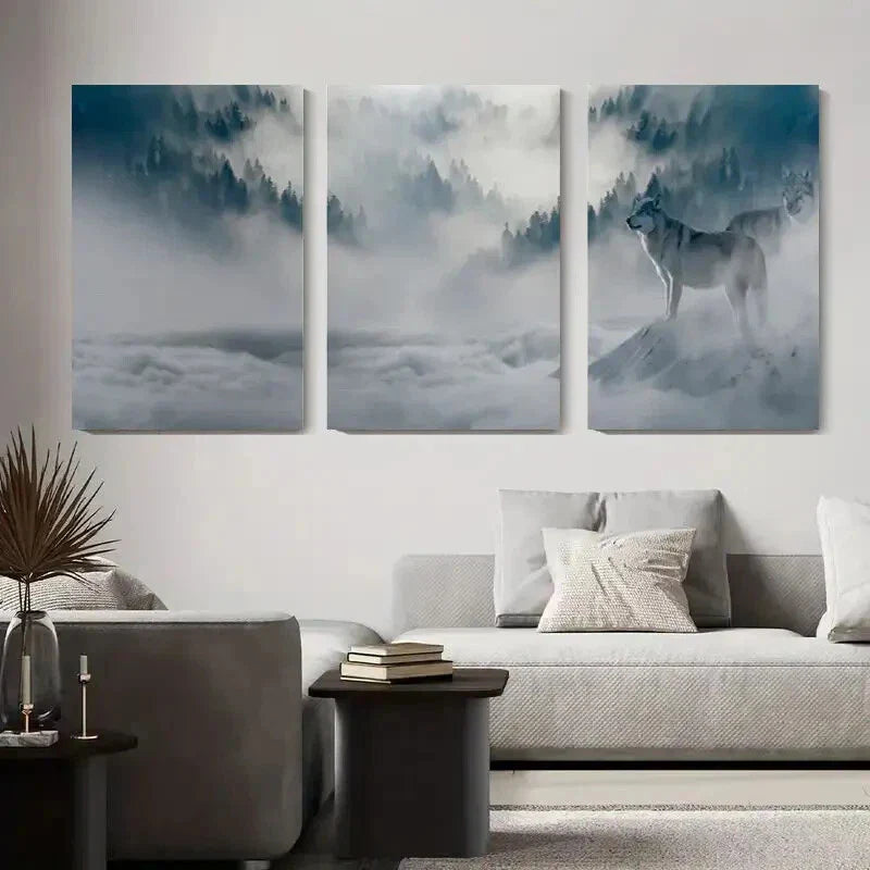 3pcs Wolf in Misty Mountains Majestic Wolf Metal Print Ready to Hang Art