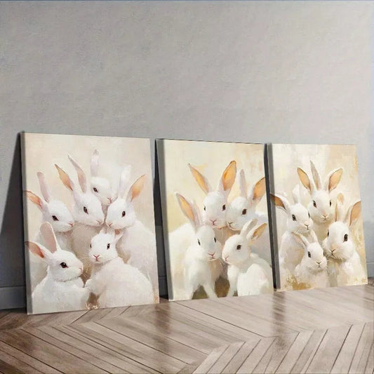 3pcs White Rabbits Canvas Adorable Animals  Wall Art Set Canvas Framed 40x60cm - High Quality Print 100% Australian Made Wall Canvas Ready to Hang