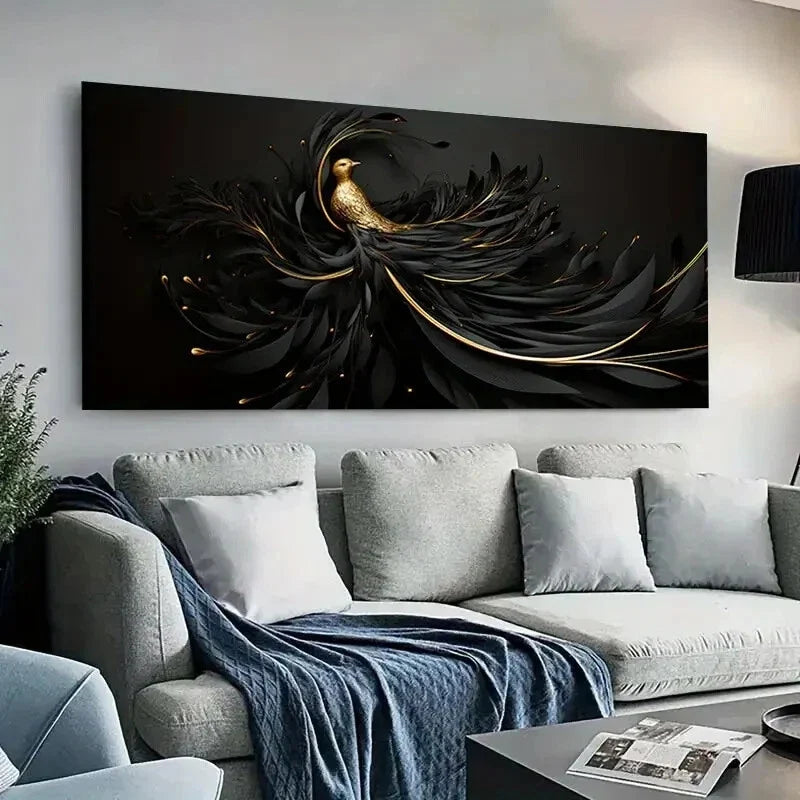 Golden Bird & Black Golden Wall Art Canvas Office Home Room Framed 120x60cm