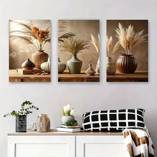 3pcs Vintage Vase and Pampas Grass Metal Print Ready to Hang Art