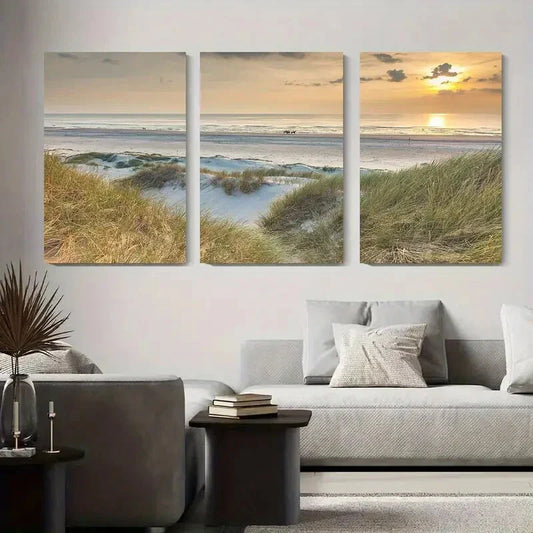 3pcs Tranquil Beach Sunset Sandy Dunes and Calm Metal Print Ready to Hang Art