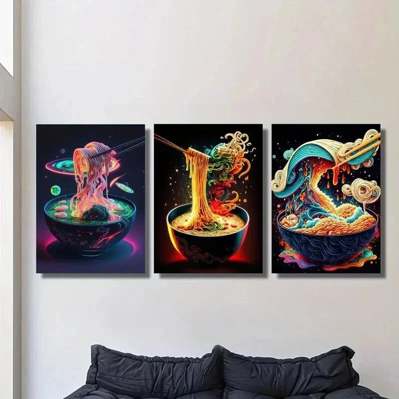 3pcs Japanese Colorful Ramen & Sushi Wall Art Set Canvas Framed 40x60cm - High Quality Print 100% Australian Made Wall Canvas Ready to Hang