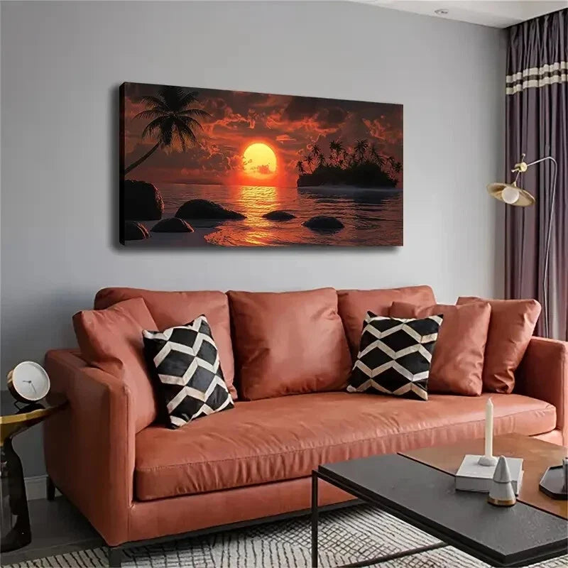 Red Sunset Over The Sea Décor Wall Art Canvas Office Home Room Framed 120x60cm