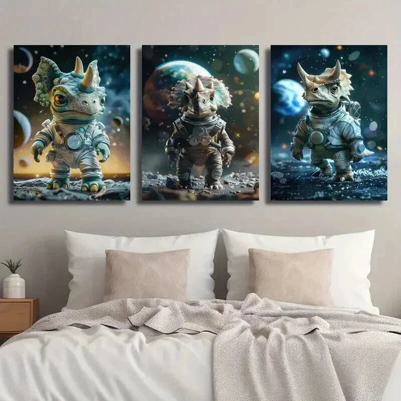 3pcs Allosaurus Dinosaur in Space Wall Art Set Canvas Framed 40x60cm - High Quality Print 100% Australian Made Wall Canvas Ready to Hang