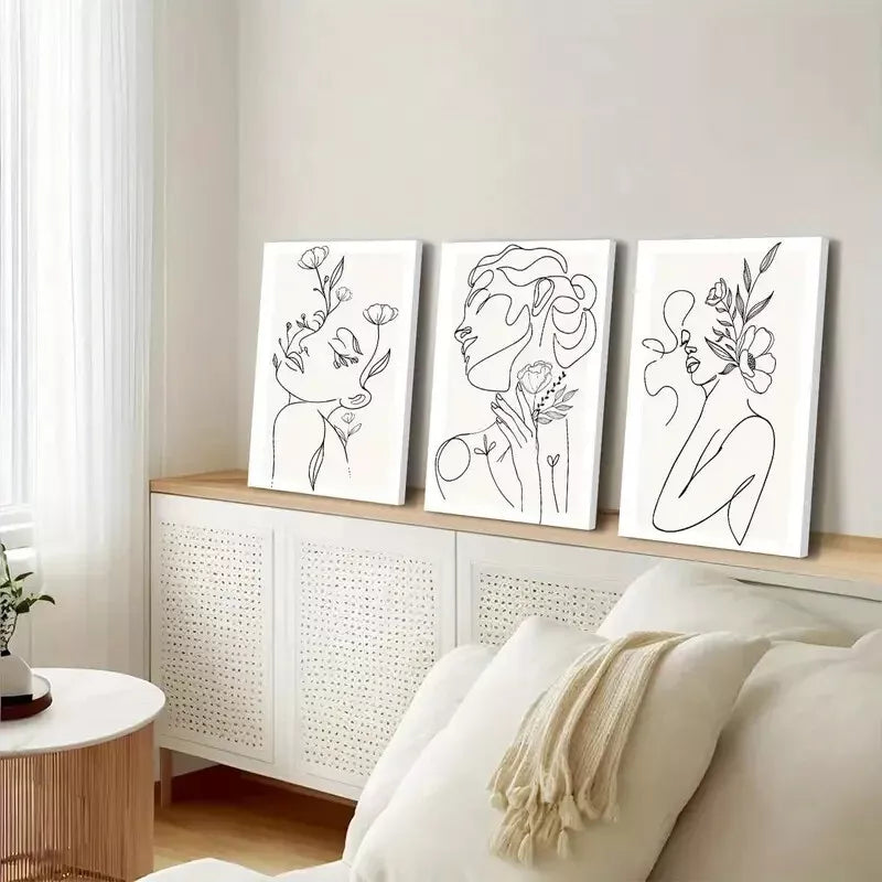 3pcs Minimalist Woman Flower Line Canvas Framed 40x60cm - High Quality Print 100% Australian Made Wall Canvas Ready to Hang