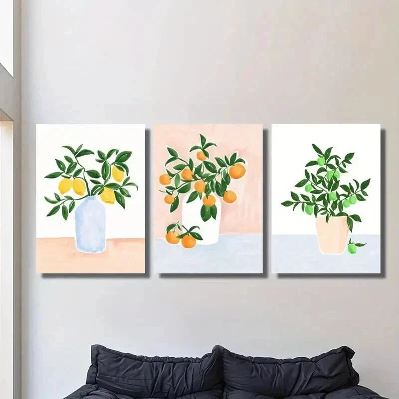 3pcs Plant Arrangement with Lemons & Oranges Wall Art Set Canvas Framed 40x60cm - High Quality Print 100% Australian Made Wall Canvas Ready to Hang