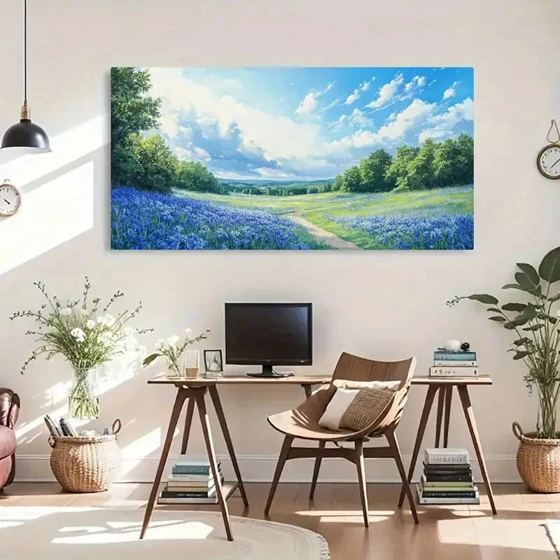 Wildflower Landscape Cloud Blue Wall Art Canvas Office Home Room Framed 120x60cm