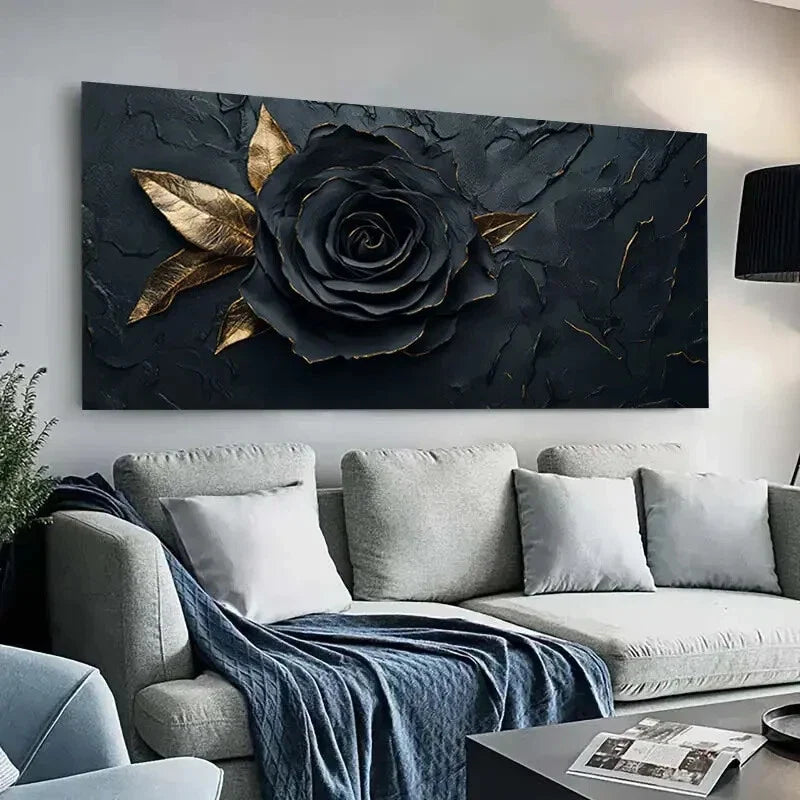 Modern Black & Golden Rose Wall Art Canvas Office Home Room Framed 120x60cm