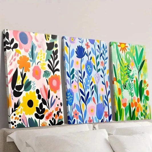 3pcs Colorful Spring Flowers and Leaves Wall Art Set Canvas Framed 40x60cm - High Quality Print 100% Australian Made Wall Canvas Ready to Hang