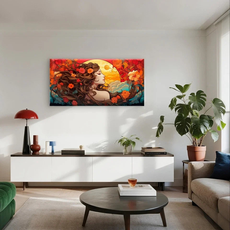 Warm Sunset and Floral Woman Wall Art Canvas Office Home Framed 120x60cm