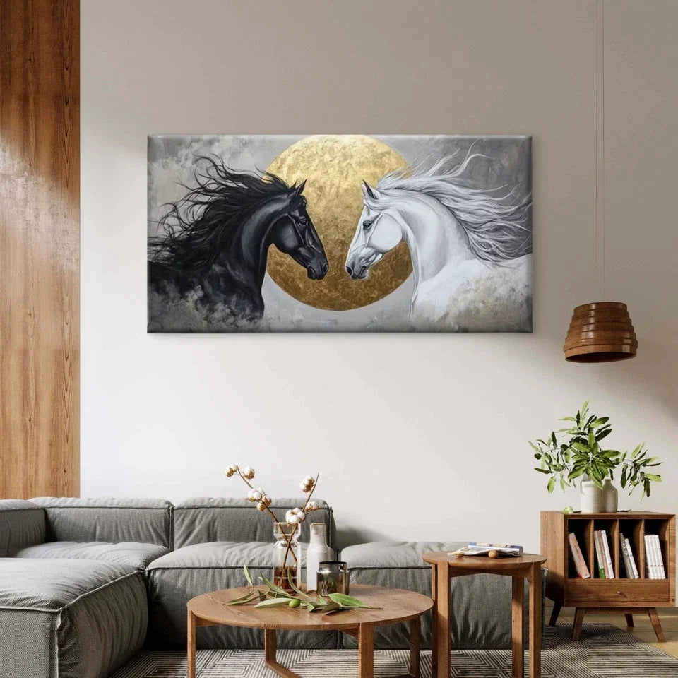 Horses Before the Golden Sun Wall Art Canvas Office Home Room Framed 80x45cm