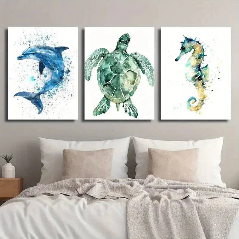 3pcs Pacific Dolphin Green Turtle and Seahorse Wall Art Set Canvas Framed 40x60cm - High Quality Print 100% Australian Made Wall Canvas Ready to Hang