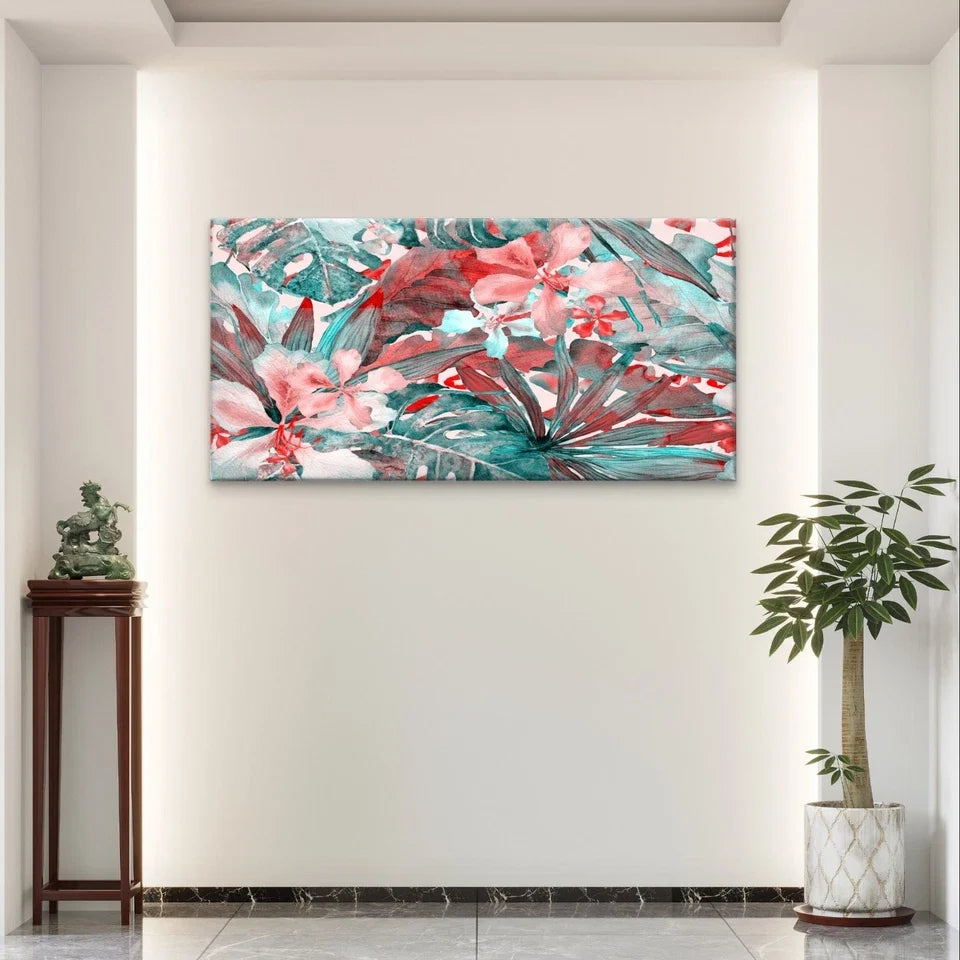 Tropical Floral and Palm Leaves Wall Art Canvas Office Home Framed 120x60cm