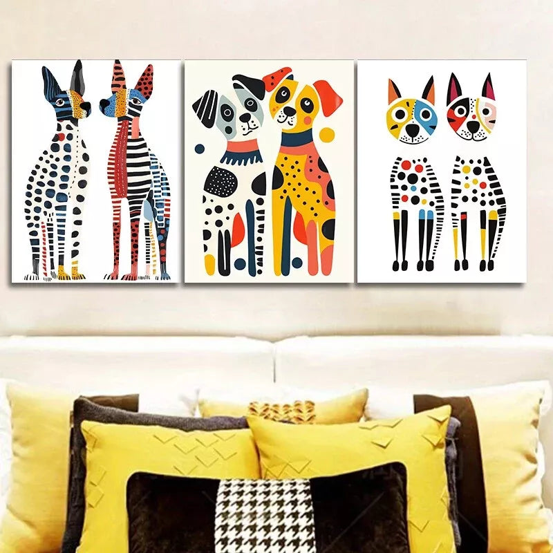 3pcs Two Surreal Dogs Colorful White Background  Wall Art Set Canvas Framed 40x60cm - High Quality Print 100% Australian Made Wall Canvas Ready to Hang