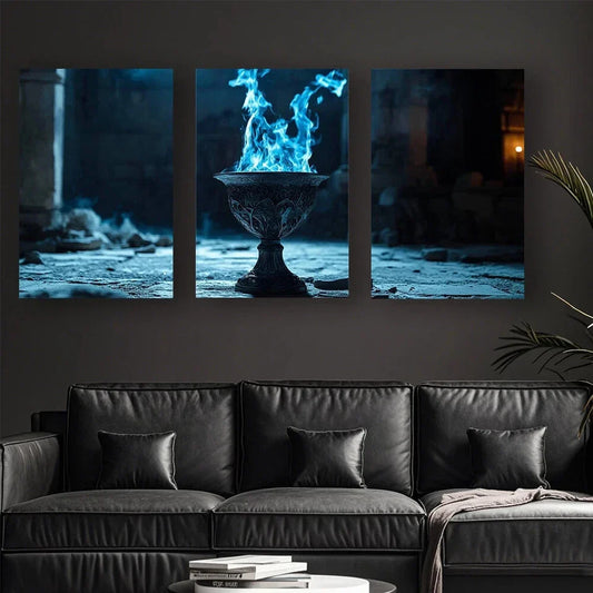 3pcs Blue Flame Cup Abstract Painting Metal Print Ready to Hang Art