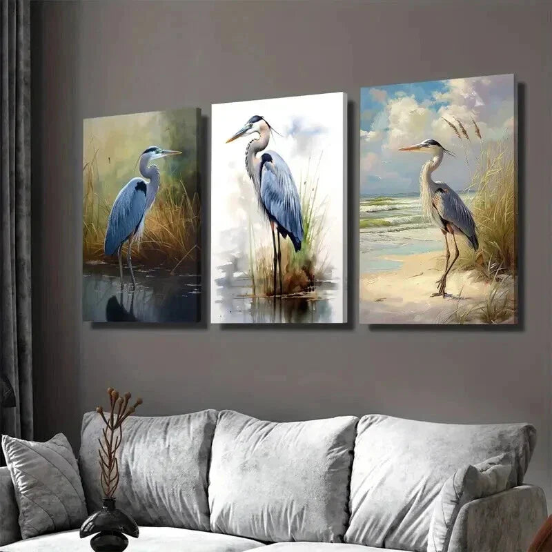3pcs Blue Heron Wetlands & Beach Scene Wall Art Set Canvas Framed 40x60cm - High Quality Print 100% Australian Made Wall Canvas Ready to Hang