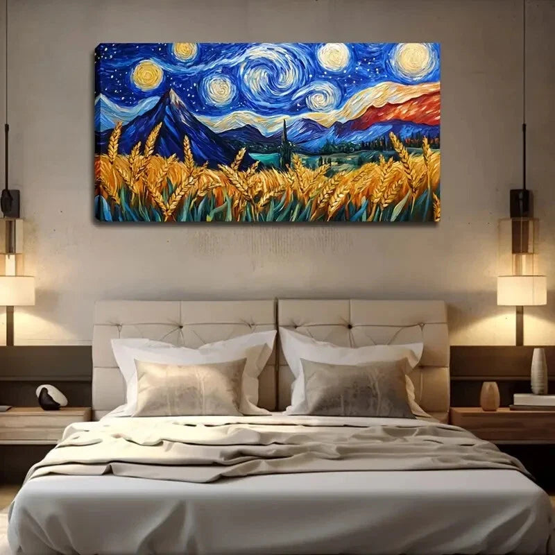 Vibrant Starry Night Sky Wheat Wall Art Canvas Office Home Room Framed 120x60cm