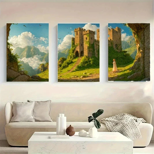 3pcs A Young Woman in White Dress Stands Metal Print Ready to Hang Art