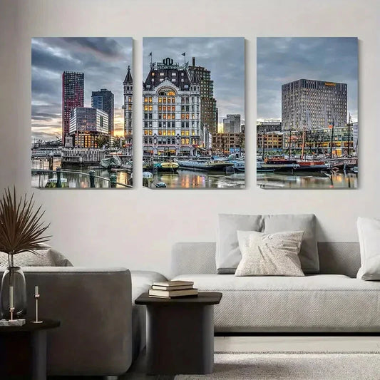 3pcs Modern Cityscape Harbor Vibrant Urban Sky Metal Print Ready to Hang Art