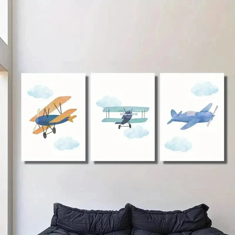 3pcs Blue & Green Cartoon Plane Prints Wall Art Set Canvas Framed 40x60cm - High Quality Print 100% Australian Made Wall Canvas Ready to Hang