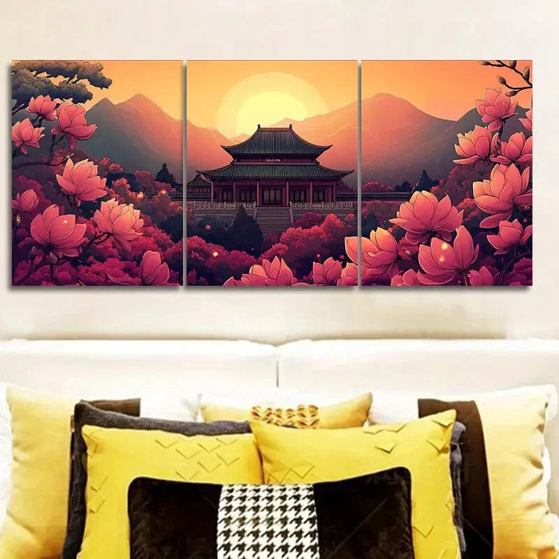 3pcs Colorful ancient Chinese buildings Metal Print Ready to Hang Art
