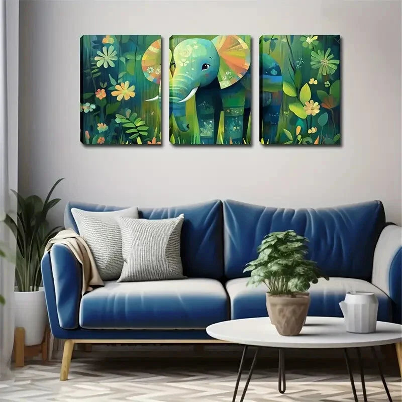 3pcs Elephant Walking in Rainforest Tropical  Wall Art Set Canvas Framed 40x60cm - High Quality Print 100% Australian Made Wall Canvas Ready to Hang