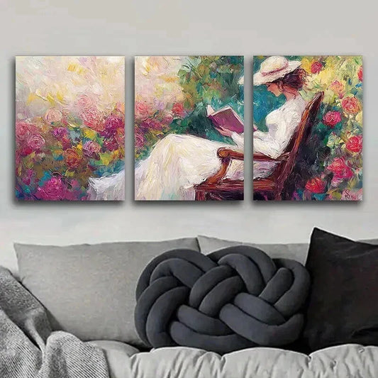 3pcs Elegant Woman Reading Beauty Nature Perfect Wall Art Set Canvas Framed 40x60cm - High Quality Print 100% Australian Made Wall Canvas Ready to Hang